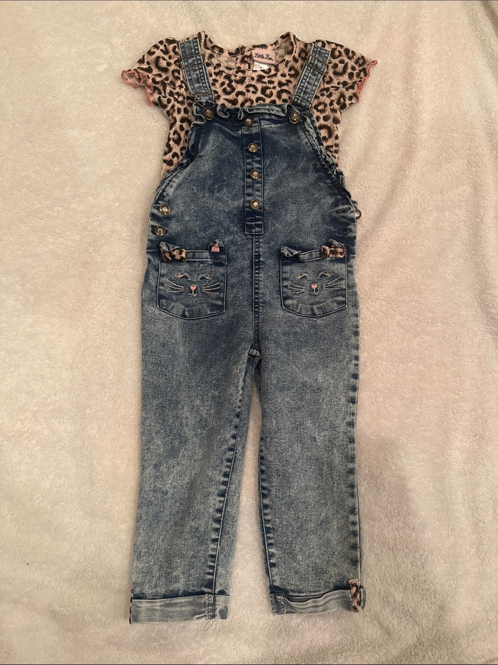 Little Lass Blue Denim Overalls with Leopard Trim
